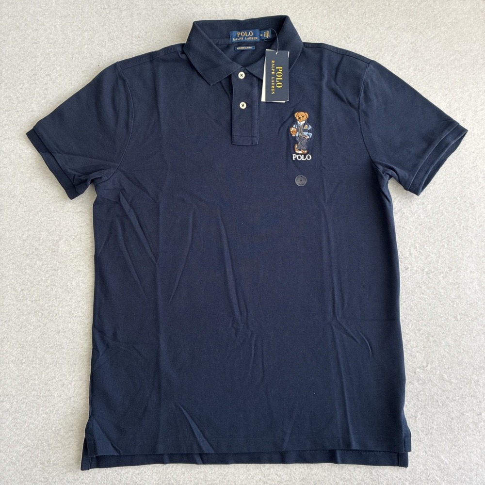 Polo Ralph Lauren Mens Custom Slim Fit Mesh Polo Shirt Preppy Football Bear M